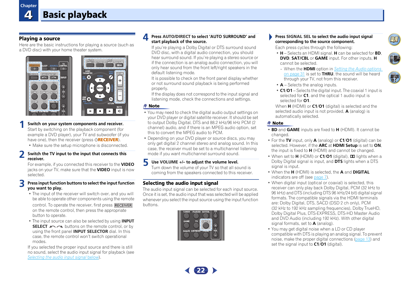 04 basic playback, Playing a source, Selecting the audio input signal | Basic playback | Pioneer VSX-423-S User Manual | Page 22 / 41