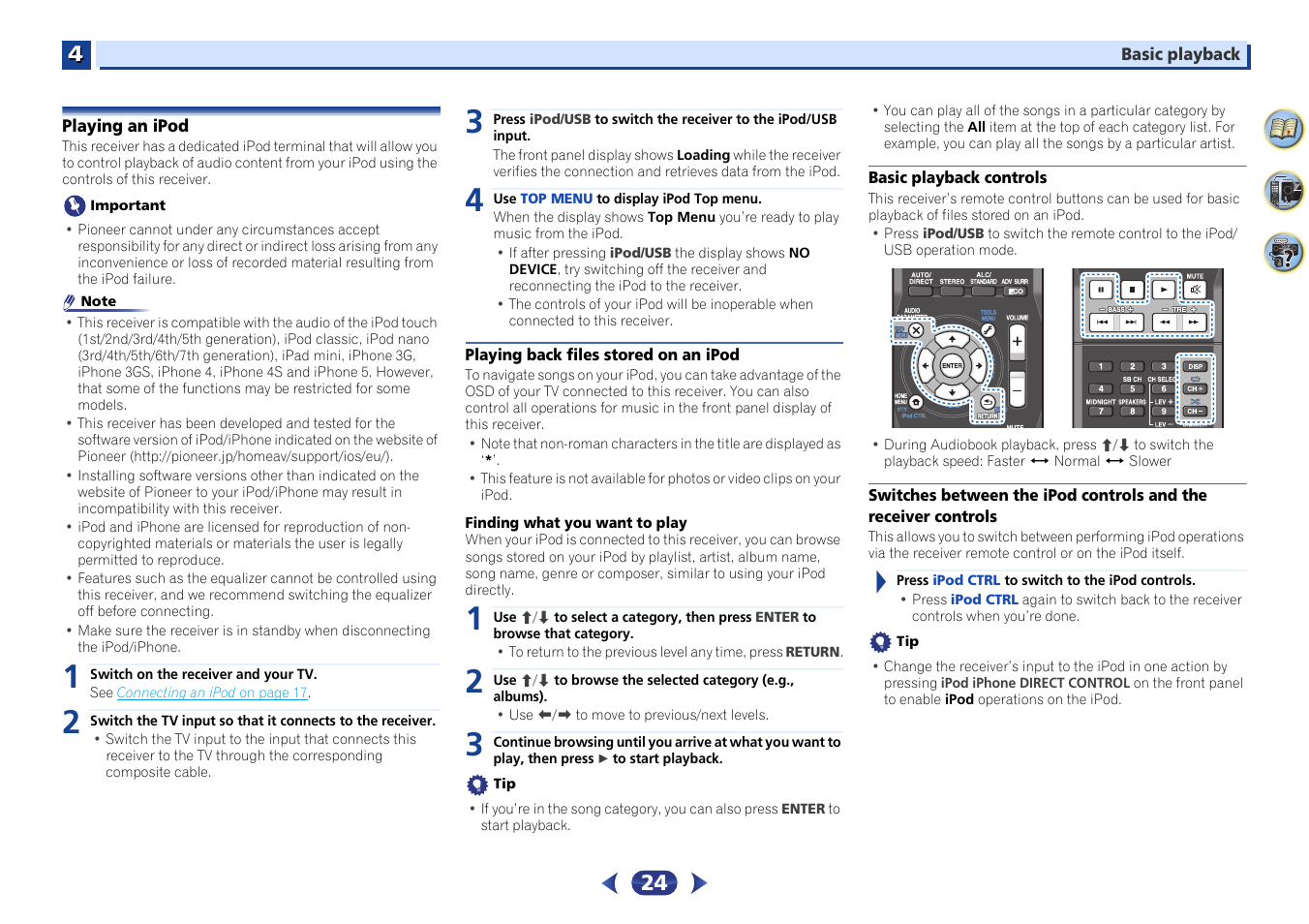 Playing an ipod, Playing back files stored on an ipod, Basic playback controls | Controls | Pioneer VSX-423-S User Manual | Page 24 / 41