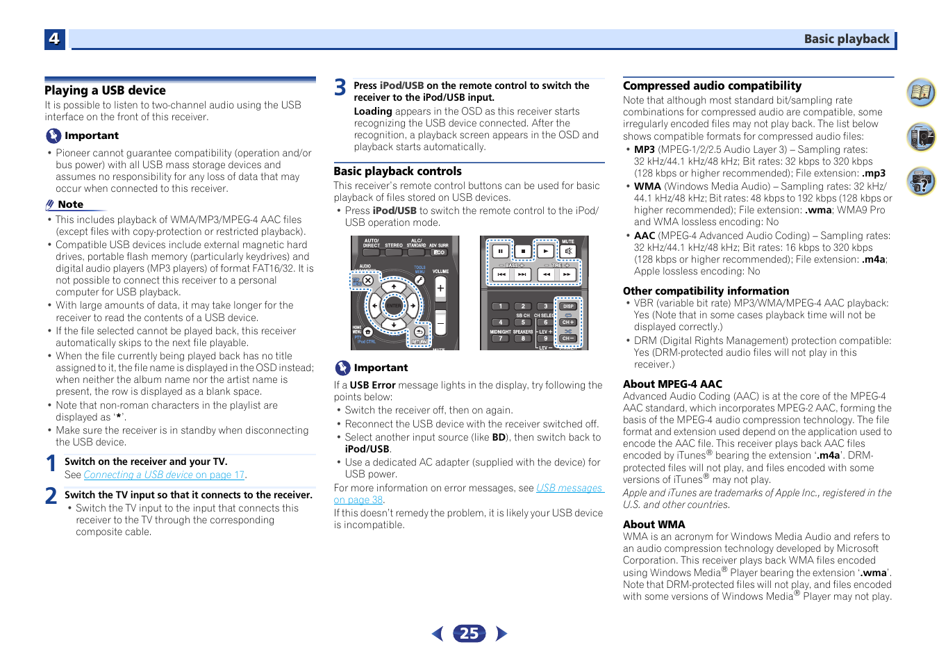 Playing a usb device, Basic playback controls, Compressed audio compatibility | Pioneer VSX-423-S User Manual | Page 25 / 41