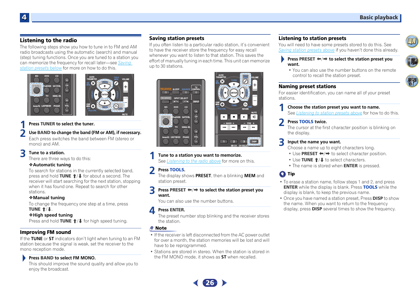 Listening to the radio, Improving fm sound, Saving station presets | Listening to station presets, Naming preset stations | Pioneer VSX-423-S User Manual | Page 26 / 41