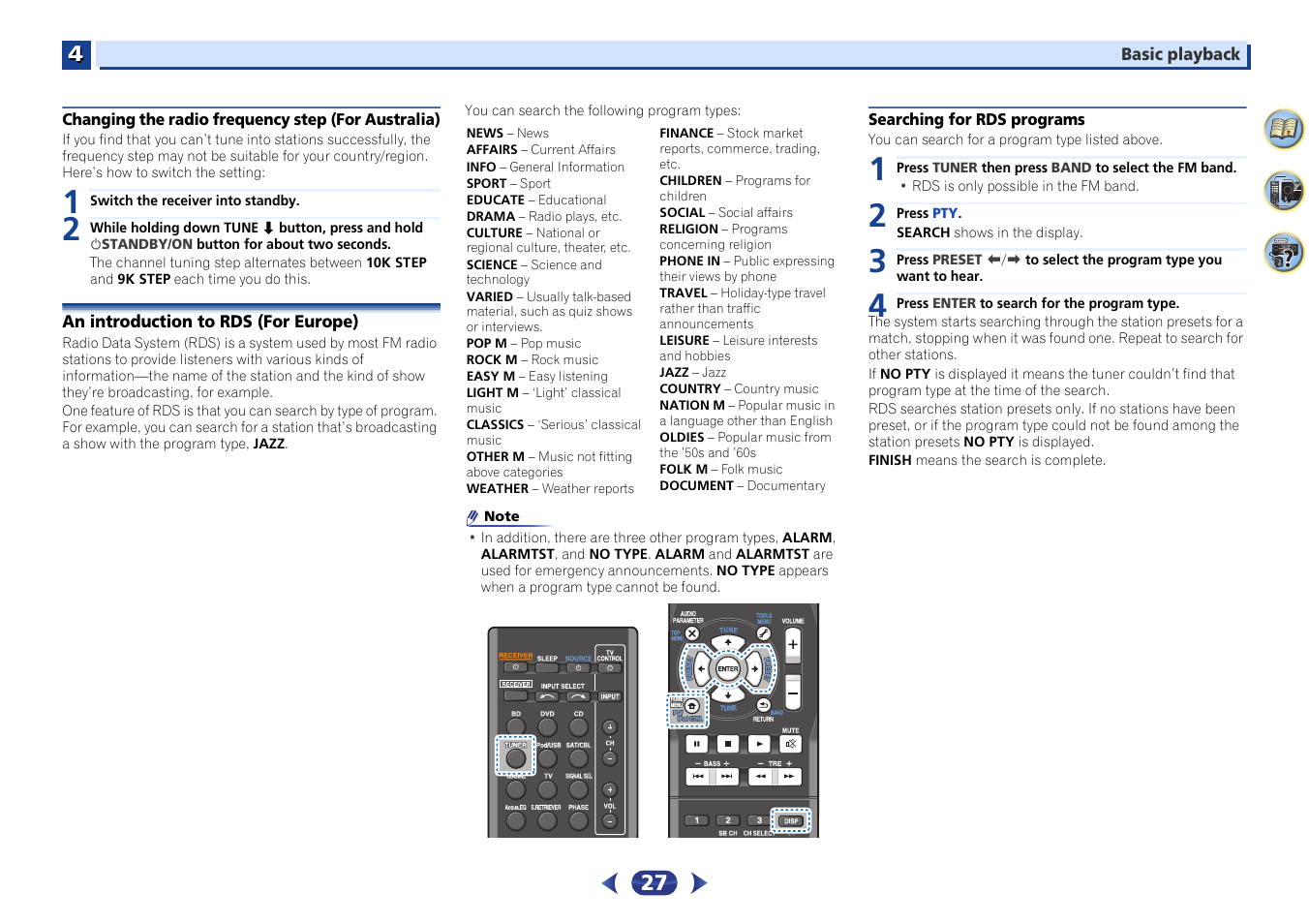 Changing the radio frequency step (for australia), An introduction to rds (for europe), Searching for rds programs | Pioneer VSX-423-S User Manual | Page 27 / 41