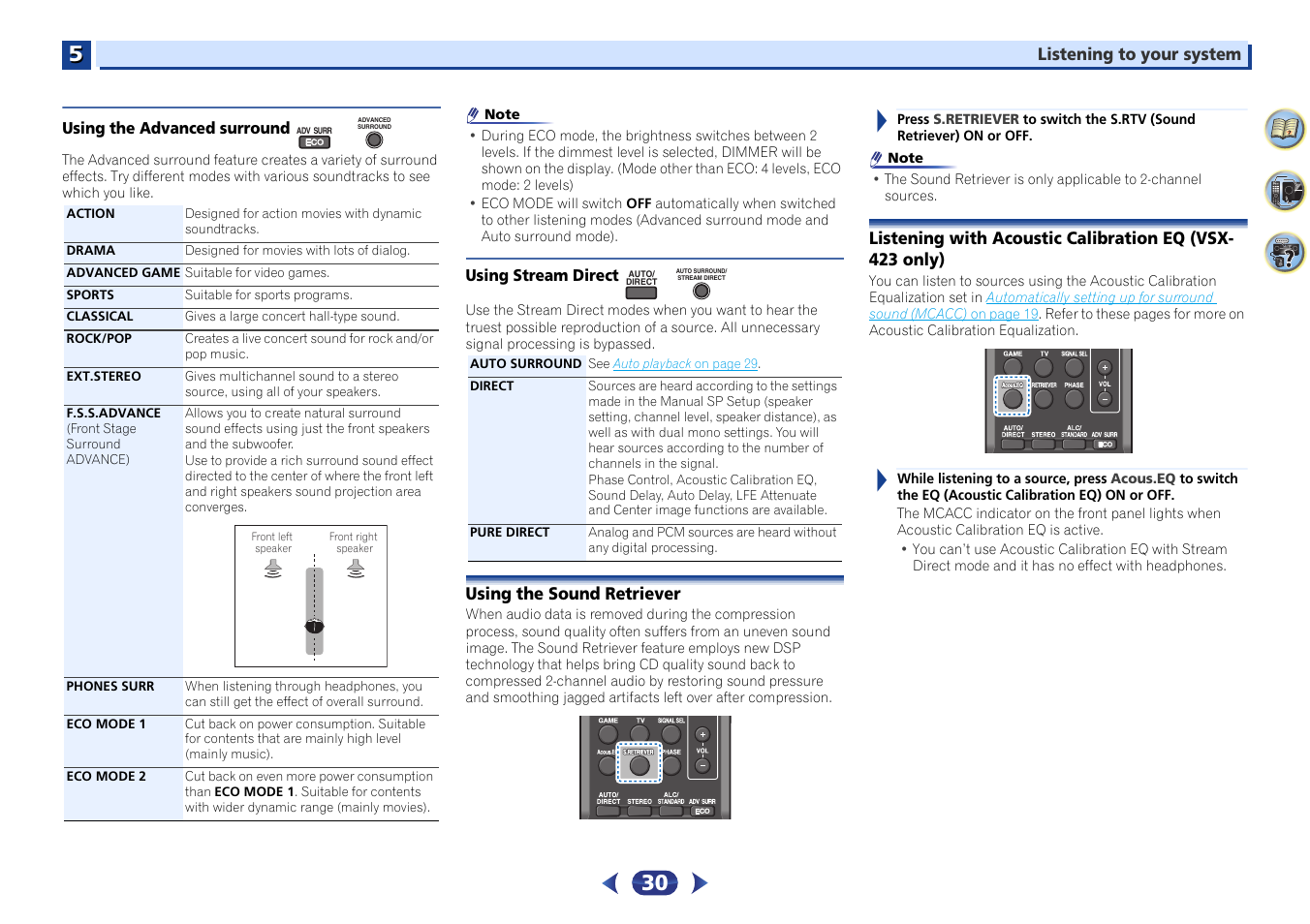 Using the advanced surround, Using stream direct, Using the sound retriever | Listening with acoustic calibration eq, Vsx-423 only) | Pioneer VSX-423-S User Manual | Page 30 / 41