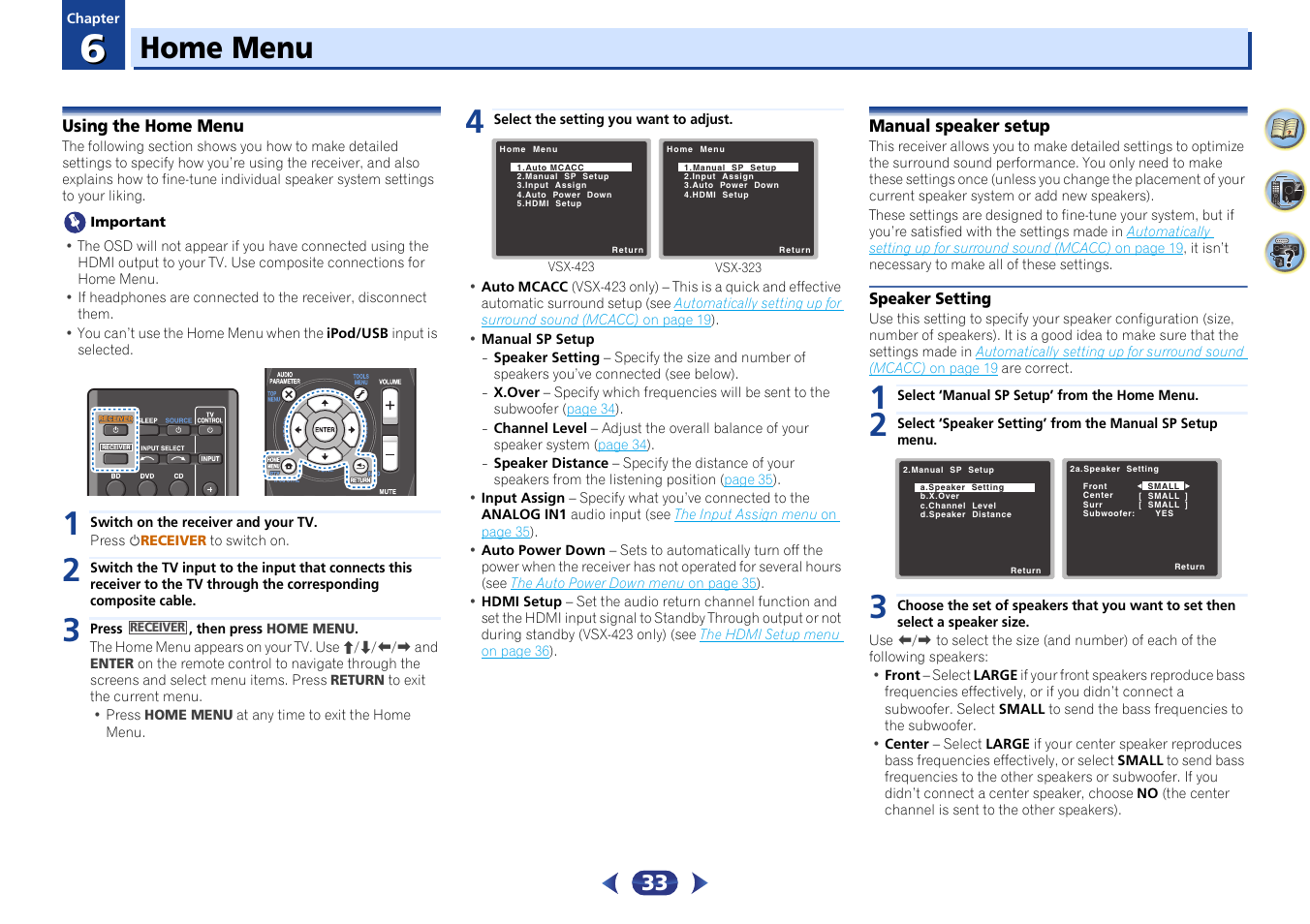 06 home menu, Using the home menu, Manual speaker setup | Speaker setting, Home menu | Pioneer VSX-423-S User Manual | Page 33 / 41