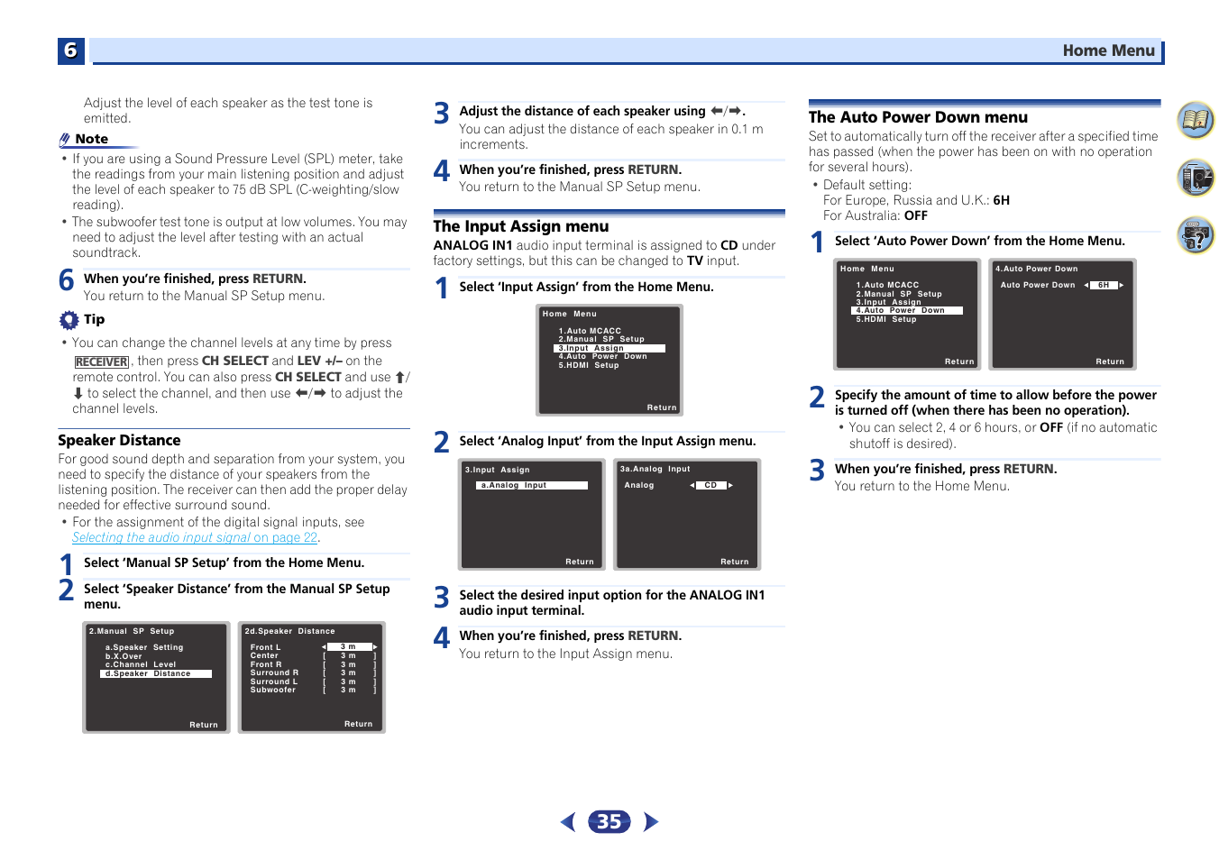 Speaker distance, The input assign menu, The auto power down menu | Pioneer VSX-423-S User Manual | Page 35 / 41