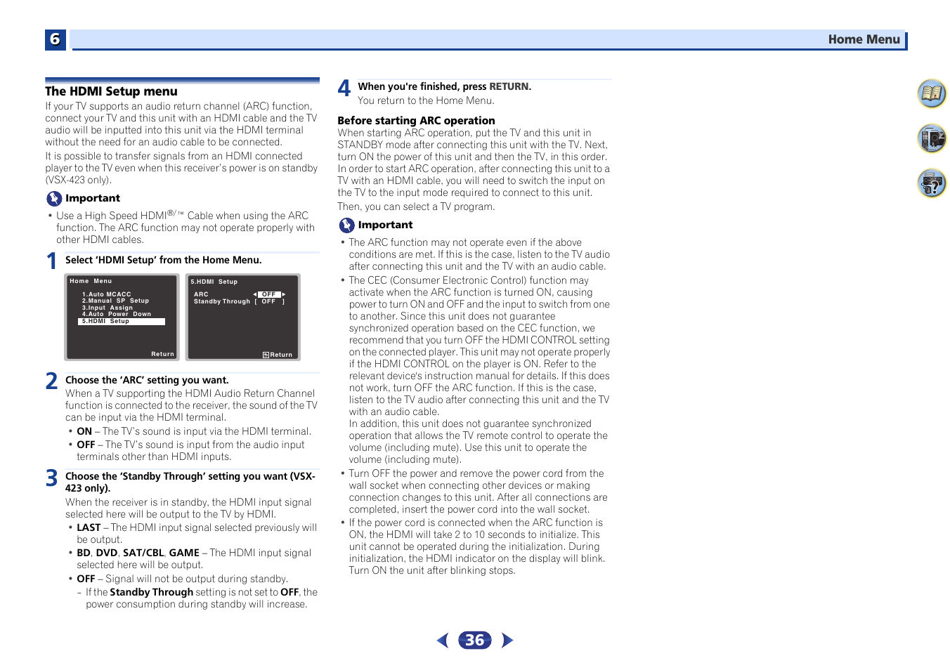 The hdmi setup menu | Pioneer VSX-423-S User Manual | Page 36 / 41
