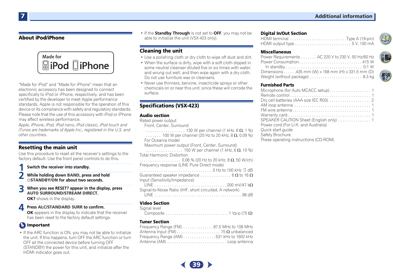 About ipod/iphone, Resetting the main unit, Cleaning the unit | Specifications (vsx-423) | Pioneer VSX-423-S User Manual | Page 39 / 41