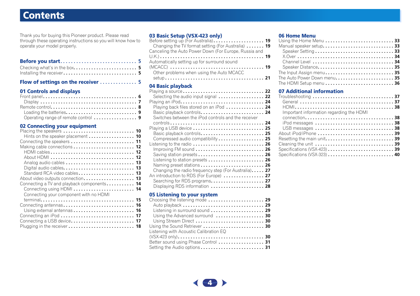 Pioneer VSX-423-S User Manual | Page 4 / 41