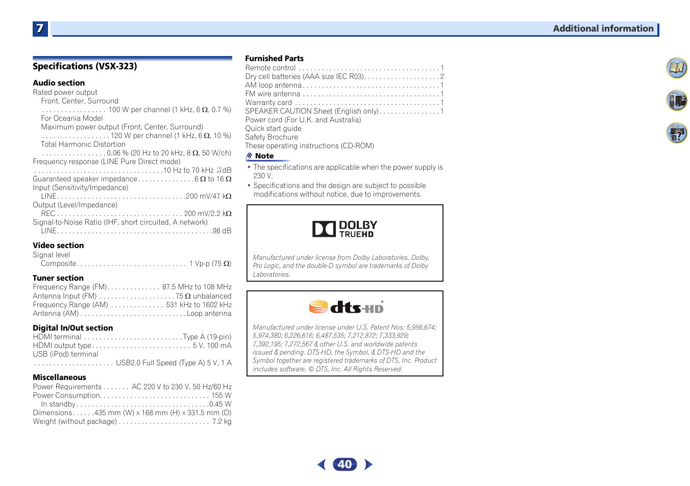Specifications (vsx-323) | Pioneer VSX-423-S User Manual | Page 40 / 41