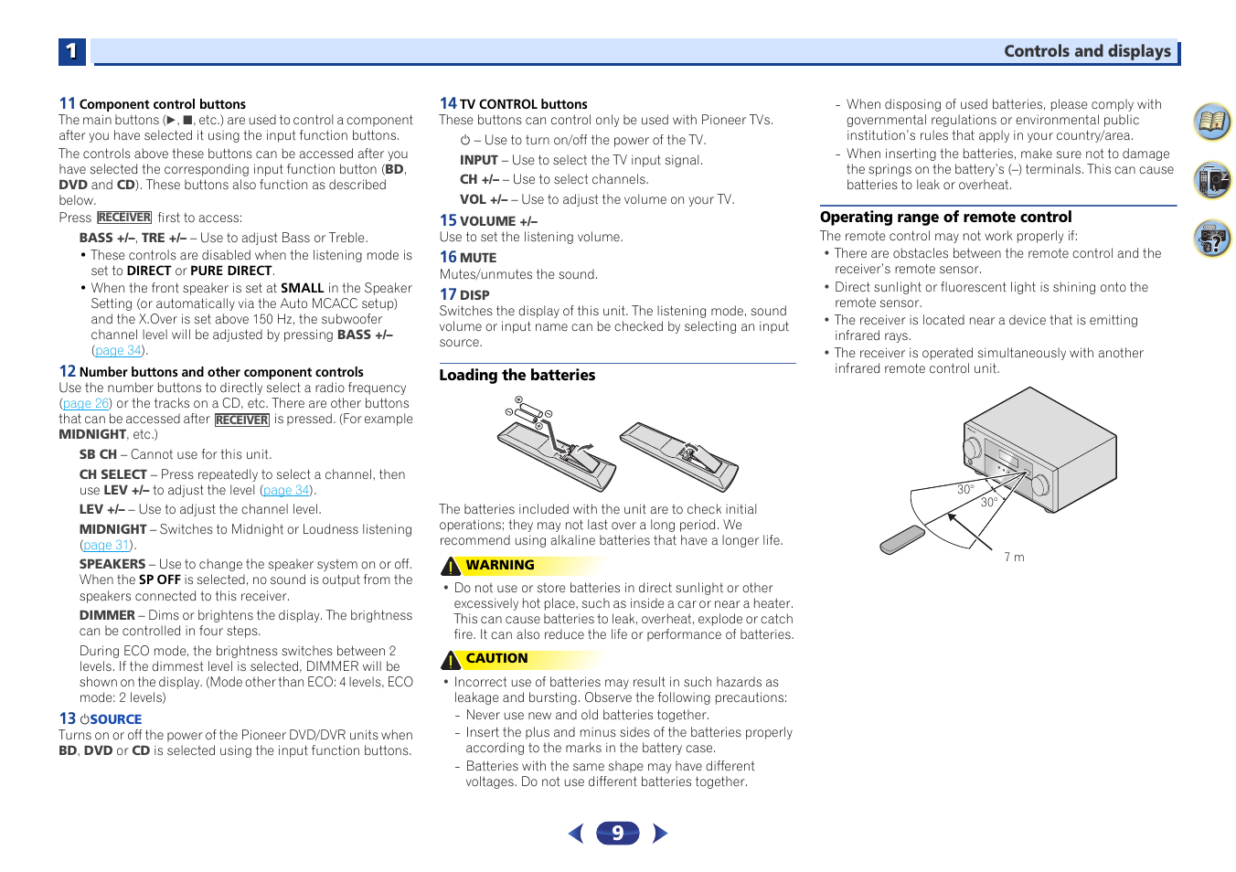 Loading the batteries, Operating range of remote control | Pioneer VSX-423-S User Manual | Page 9 / 41