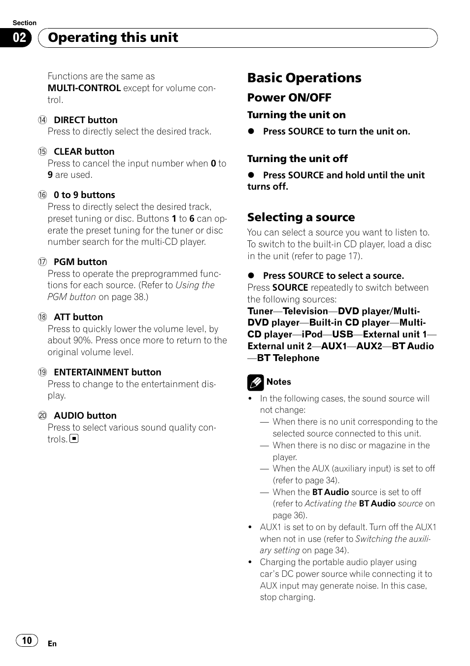 Basic operations, Power on/off 10, Selecting a source 10 | Operating this unit, Power on/off, Selecting a source | Pioneer DEH-P7900UB User Manual | Page 10 / 142