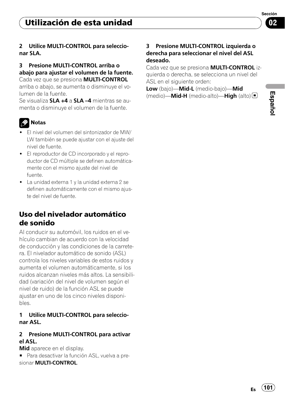 Uso del nivelador automático de, Sonido, Utilización de esta unidad | Uso del nivelador automático de sonido | Pioneer DEH-P7900UB User Manual | Page 101 / 142