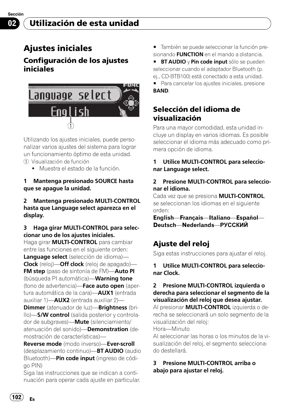 Ajustes iniciales, Configuración de los ajustes, Iniciales | Selección del idioma de, Visualización, Ajuste del reloj 102, Utilización de esta unidad, Configuración de los ajustes iniciales, Selección del idioma de visualización, Ajuste del reloj | Pioneer DEH-P7900UB User Manual | Page 102 / 142