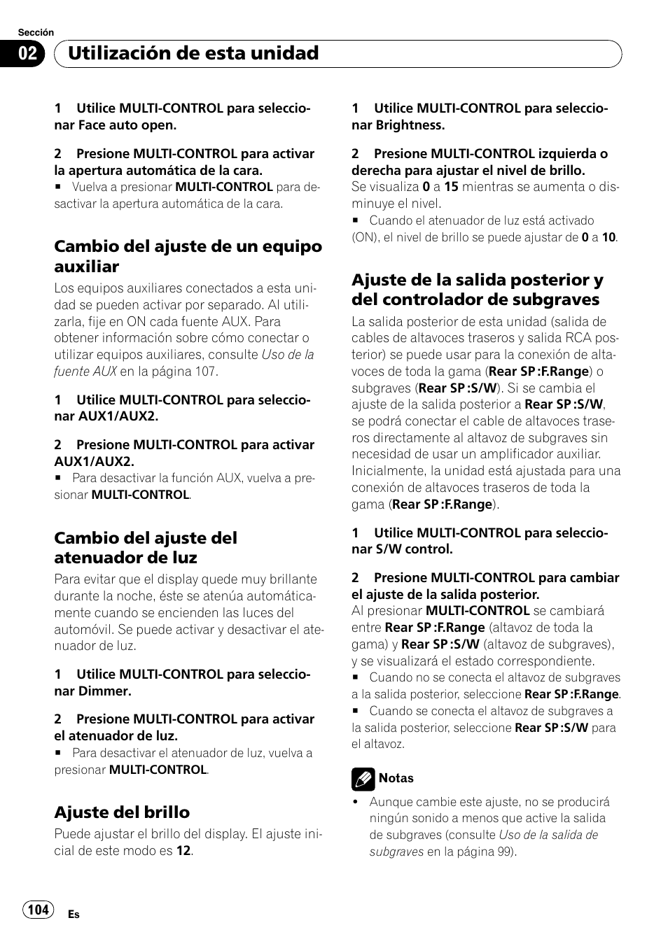 Cambio del ajuste de un equipo, Auxiliar, Cambio del ajuste del atenuador de | Ajuste del brillo 104, Ajuste de la salida posterior y del, Controlador de subgraves, Utilización de esta unidad, Cambio del ajuste de un equipo auxiliar, Cambio del ajuste del atenuador de luz, Ajuste del brillo | Pioneer DEH-P7900UB User Manual | Page 104 / 142