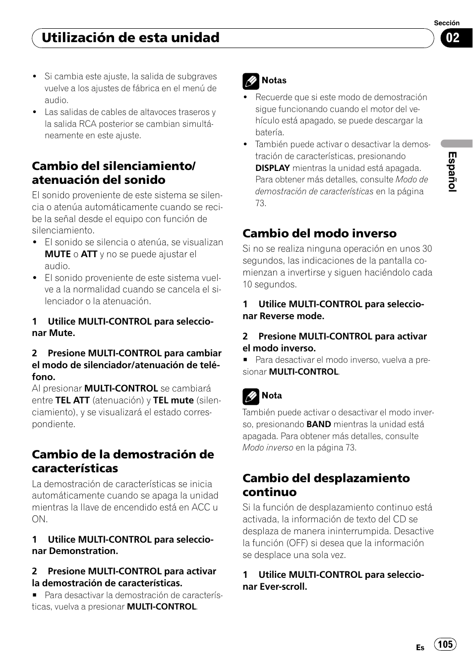 Cambio del silenciamiento/atenuación, Del sonido, Cambio de la demostración de | Características, Cambio del modo inverso 105, Cambio del desplazamiento, Continuo, Utilización de esta unidad, Cambio del silenciamiento/ atenuación del sonido, Cambio de la demostración de características | Pioneer DEH-P7900UB User Manual | Page 105 / 142