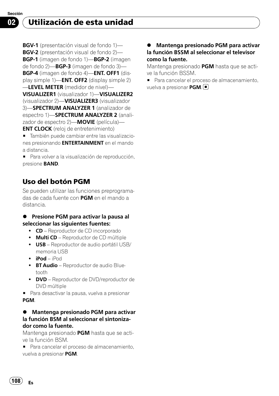 Uso del botón pgm 108, Utilización de esta unidad, Uso del botón pgm | Pioneer DEH-P7900UB User Manual | Page 108 / 142