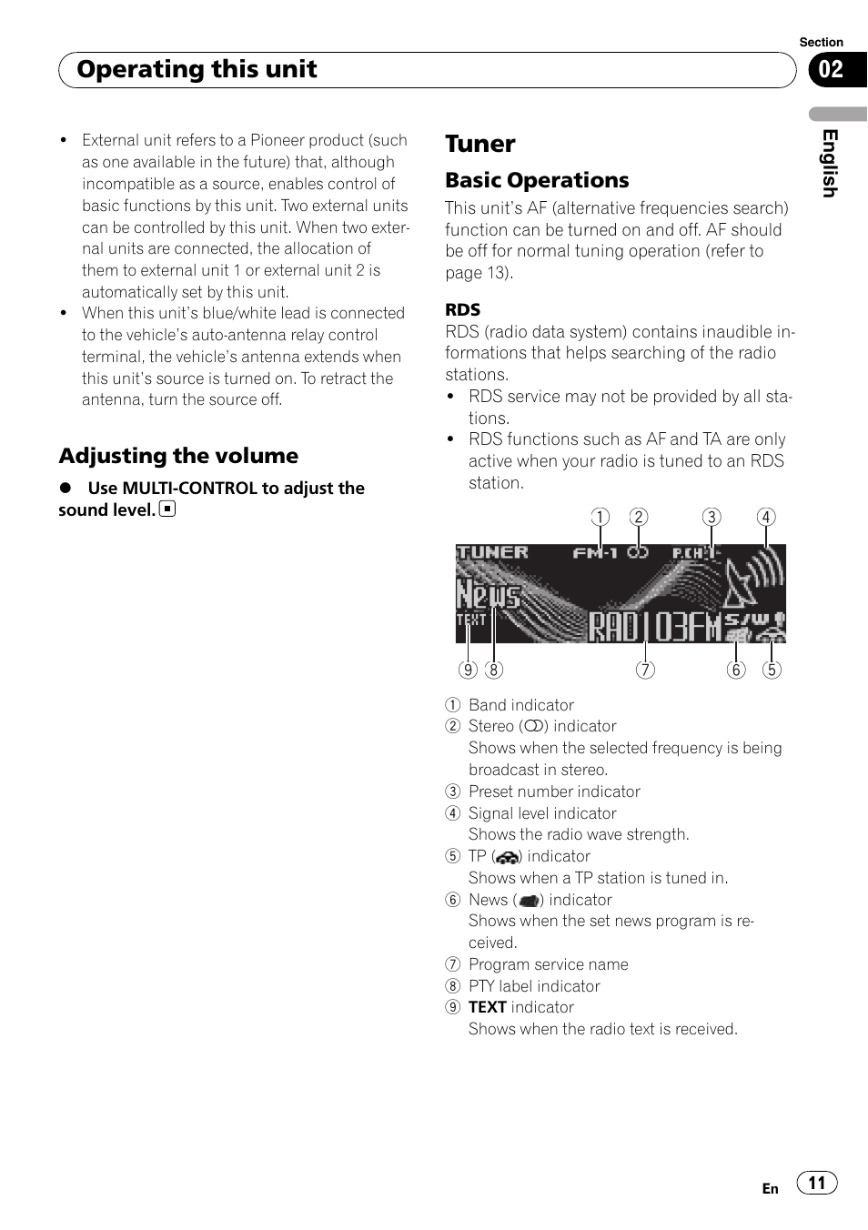 Adjusting the volume 11, Tuner, Basic operations 11 | Operating this unit | Pioneer DEH-P7900UB User Manual | Page 11 / 142