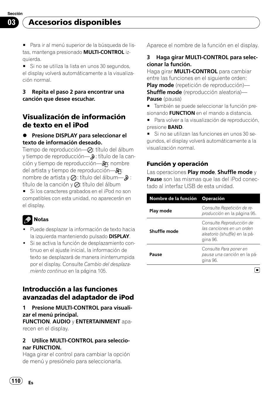 Visualización de información de texto, En el ipod, Introducción a las funciones avanzadas | Del adaptador de ipod, Accesorios disponibles, Visualización de información de texto en el ipod | Pioneer DEH-P7900UB User Manual | Page 110 / 142