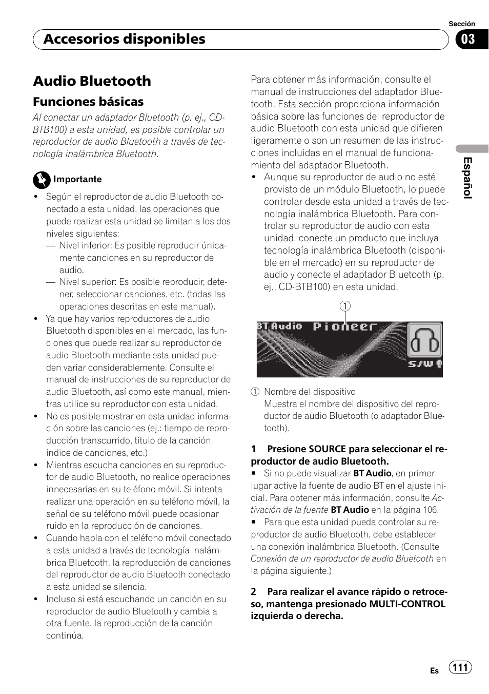 Audio bluetooth, Funciones básicas 111, Accesorios disponibles | Funciones básicas | Pioneer DEH-P7900UB User Manual | Page 111 / 142