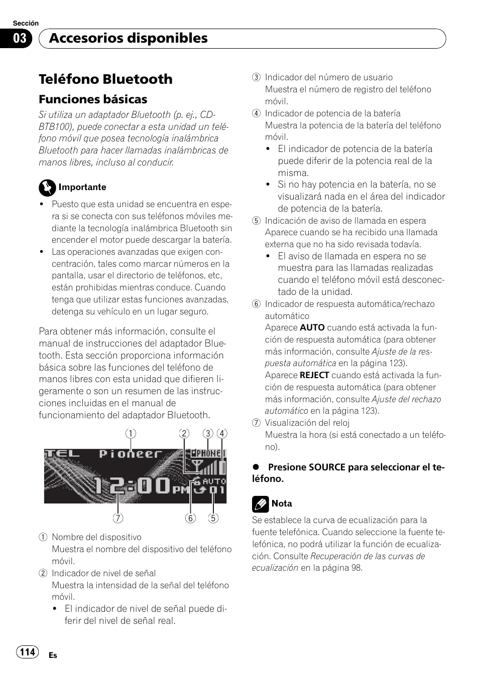 Teléfono bluetooth, Funciones básicas 114, Accesorios disponibles | Pioneer DEH-P7900UB User Manual | Page 114 / 142