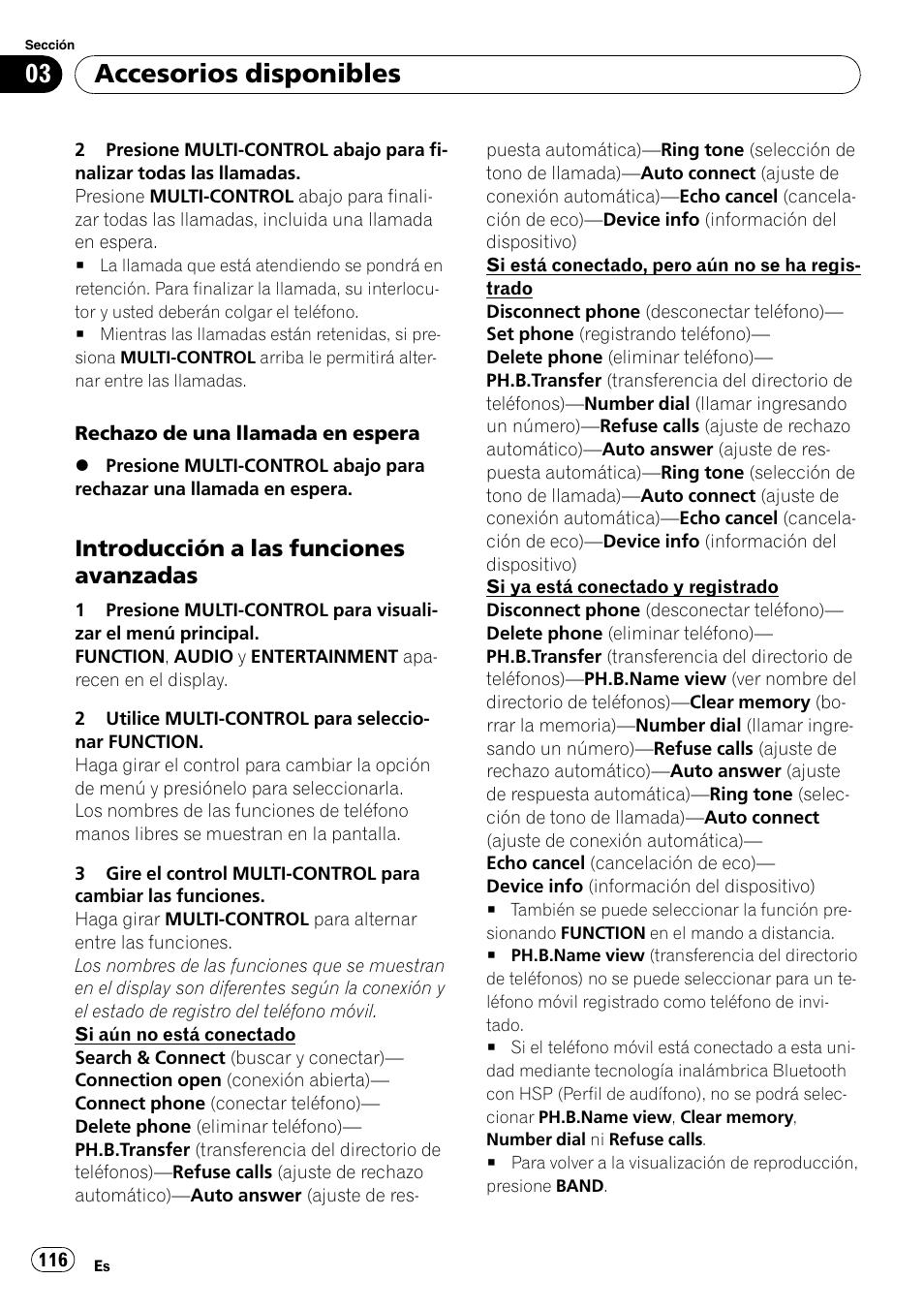 Introducción a las funciones, Avanzadas, Accesorios disponibles | Introducción a las funciones avanzadas | Pioneer DEH-P7900UB User Manual | Page 116 / 142