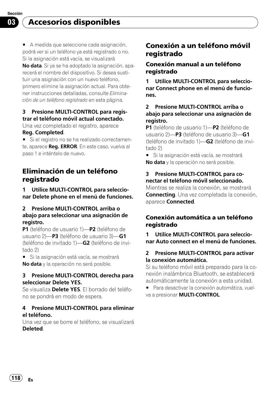 Eliminación de un teléfono, Registrado, Conexión a un teléfono móvil | Accesorios disponibles, Eliminación de un teléfono registrado, Conexión a un teléfono móvil registrado | Pioneer DEH-P7900UB User Manual | Page 118 / 142