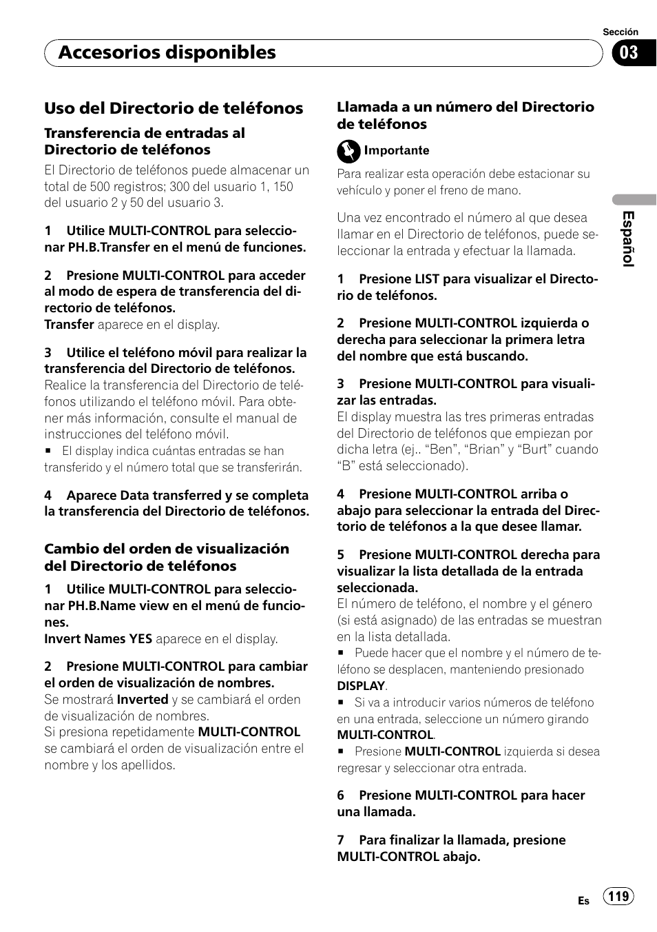 Uso del directorio de teléfonos 119, Accesorios disponibles, Uso del directorio de teléfonos | Pioneer DEH-P7900UB User Manual | Page 119 / 142