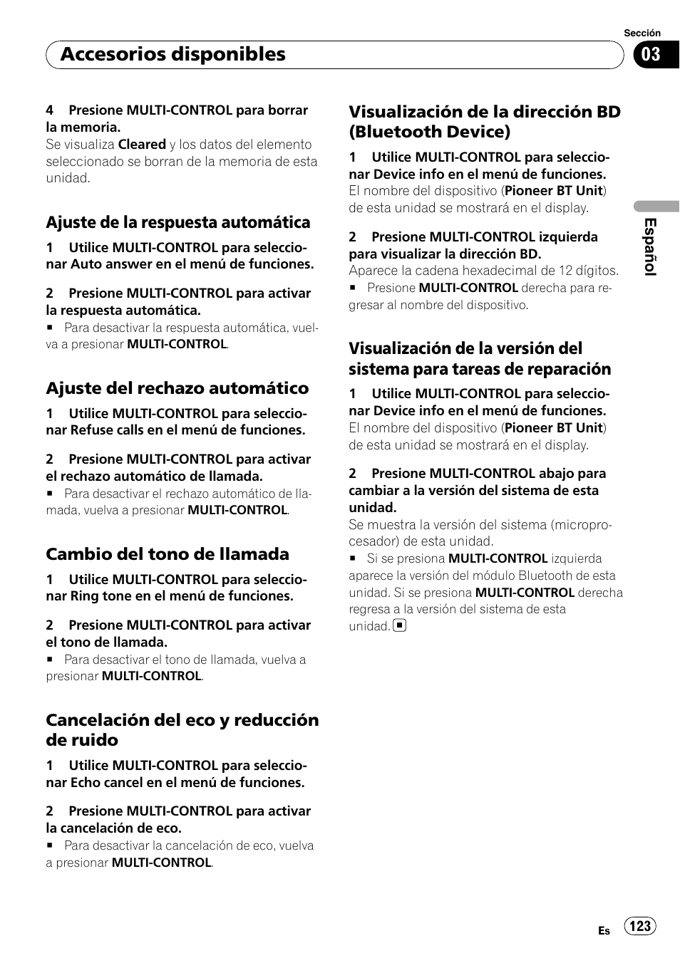 Ajuste de la respuesta, Automática, Ajuste del rechazo automático 123 | Cambio del tono de llamada 123, Cancelación del eco y reducción de, Ruido, Visualización de la dirección bd, Bluetooth device), Visualización de la versión del sistema, Para tareas de reparación | Pioneer DEH-P7900UB User Manual | Page 123 / 142