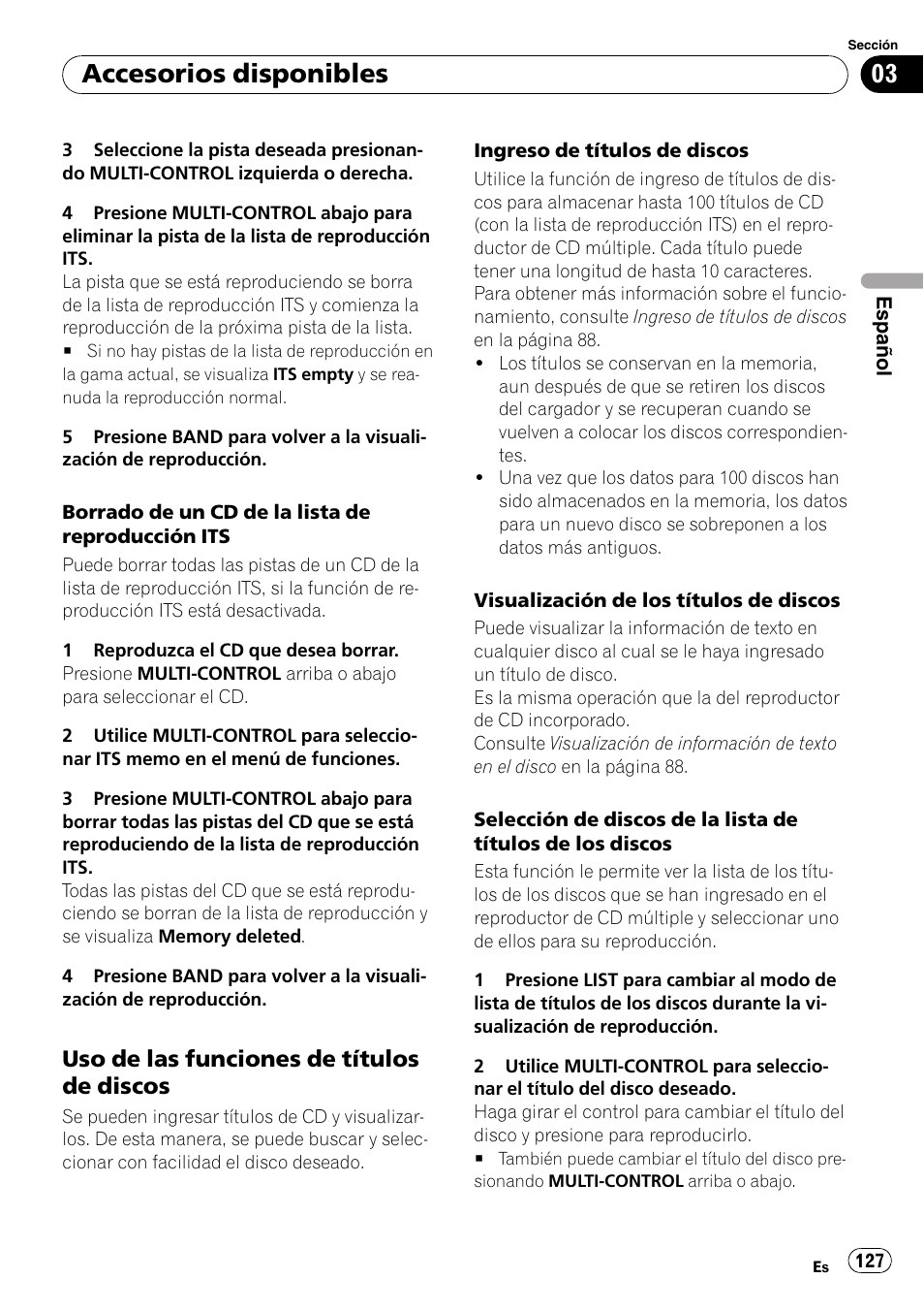 Uso de las funciones de títulos de, Discos, Accesorios disponibles | Uso de las funciones de títulos de discos | Pioneer DEH-P7900UB User Manual | Page 127 / 142