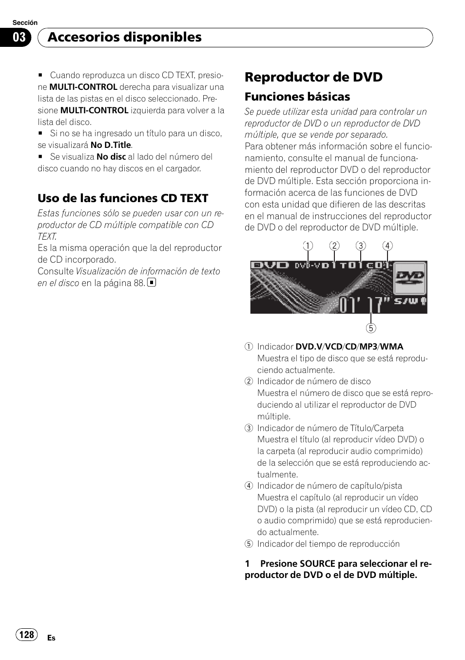 Uso de las funciones cd text 128, Reproductor de dvd, Funciones básicas 128 | Accesorios disponibles | Pioneer DEH-P7900UB User Manual | Page 128 / 142