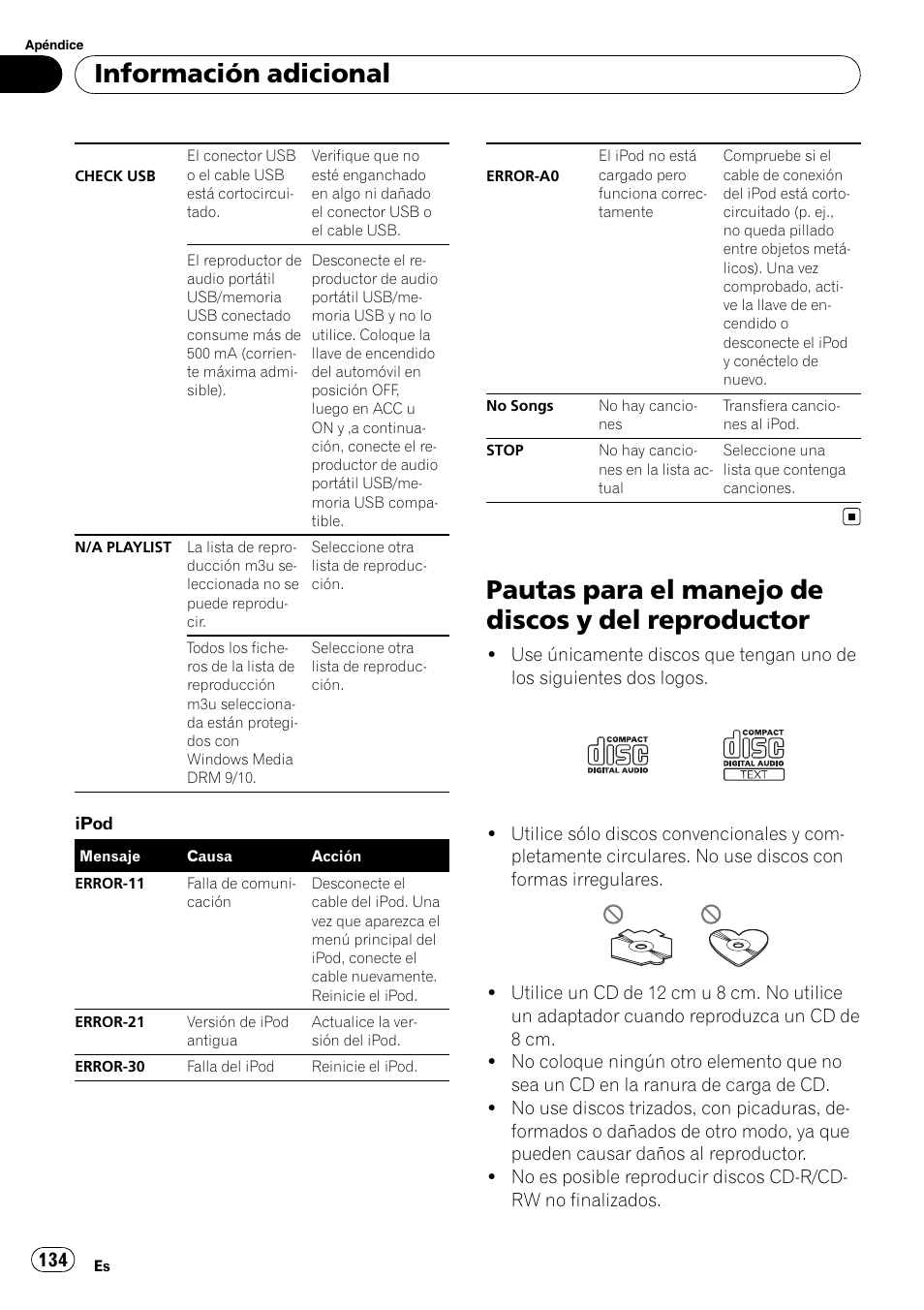 Pautas para el manejo de discos y del, Reproductor, Pautas para el manejo de discos y del reproductor | Información adicional | Pioneer DEH-P7900UB User Manual | Page 134 / 142