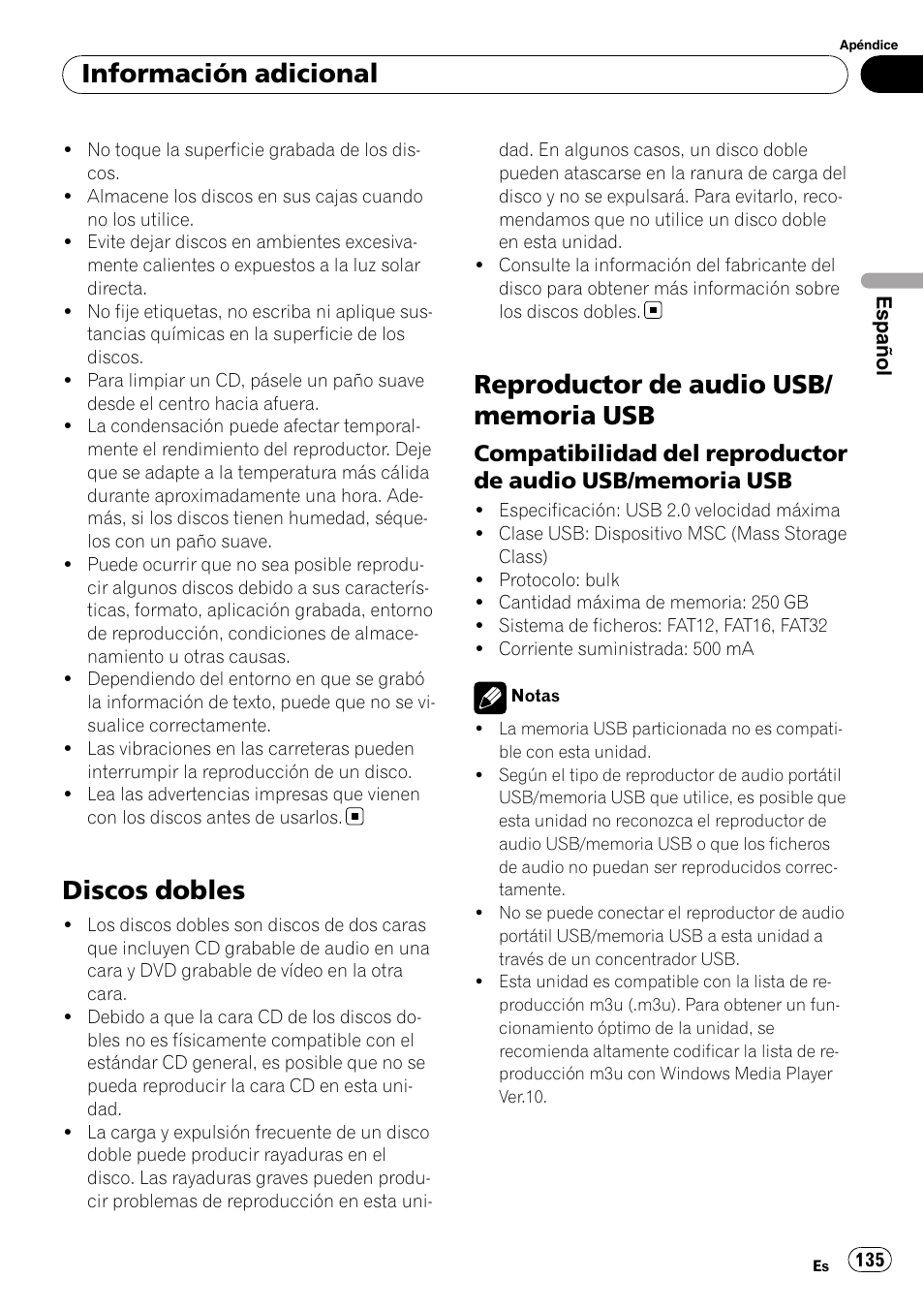 Discos dobles, Reproductor de audio usb/memoria, Compatibilidad del reproductor de | Audio usb/memoria usb, Información adicional | Pioneer DEH-P7900UB User Manual | Page 135 / 142