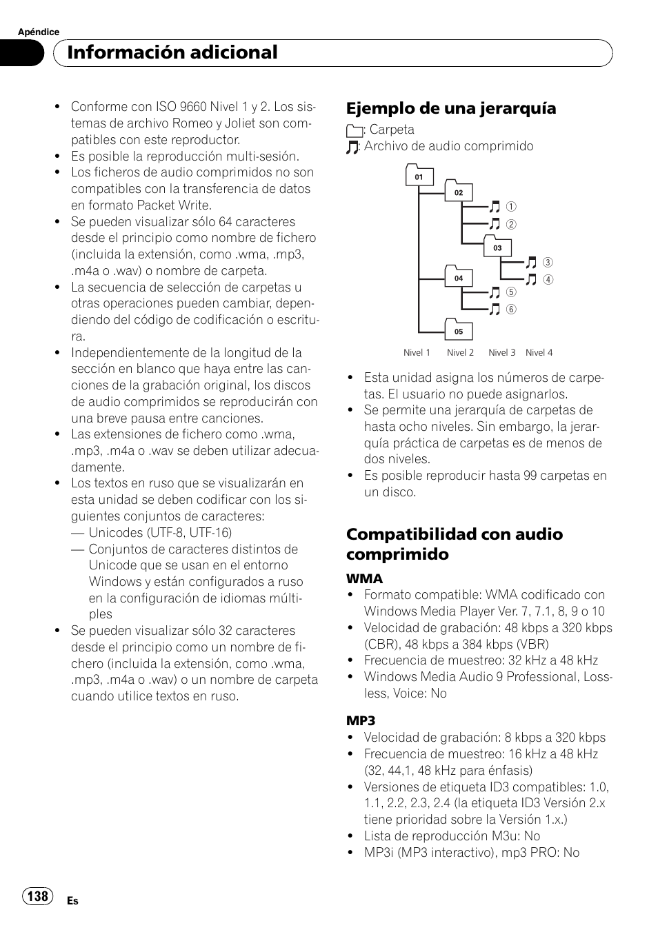 Ejemplo de una jerarquía 138, Compatibilidad con audio, Comprimido | Información adicional, Ejemplo de una jerarquía, Compatibilidad con audio comprimido | Pioneer DEH-P7900UB User Manual | Page 138 / 142