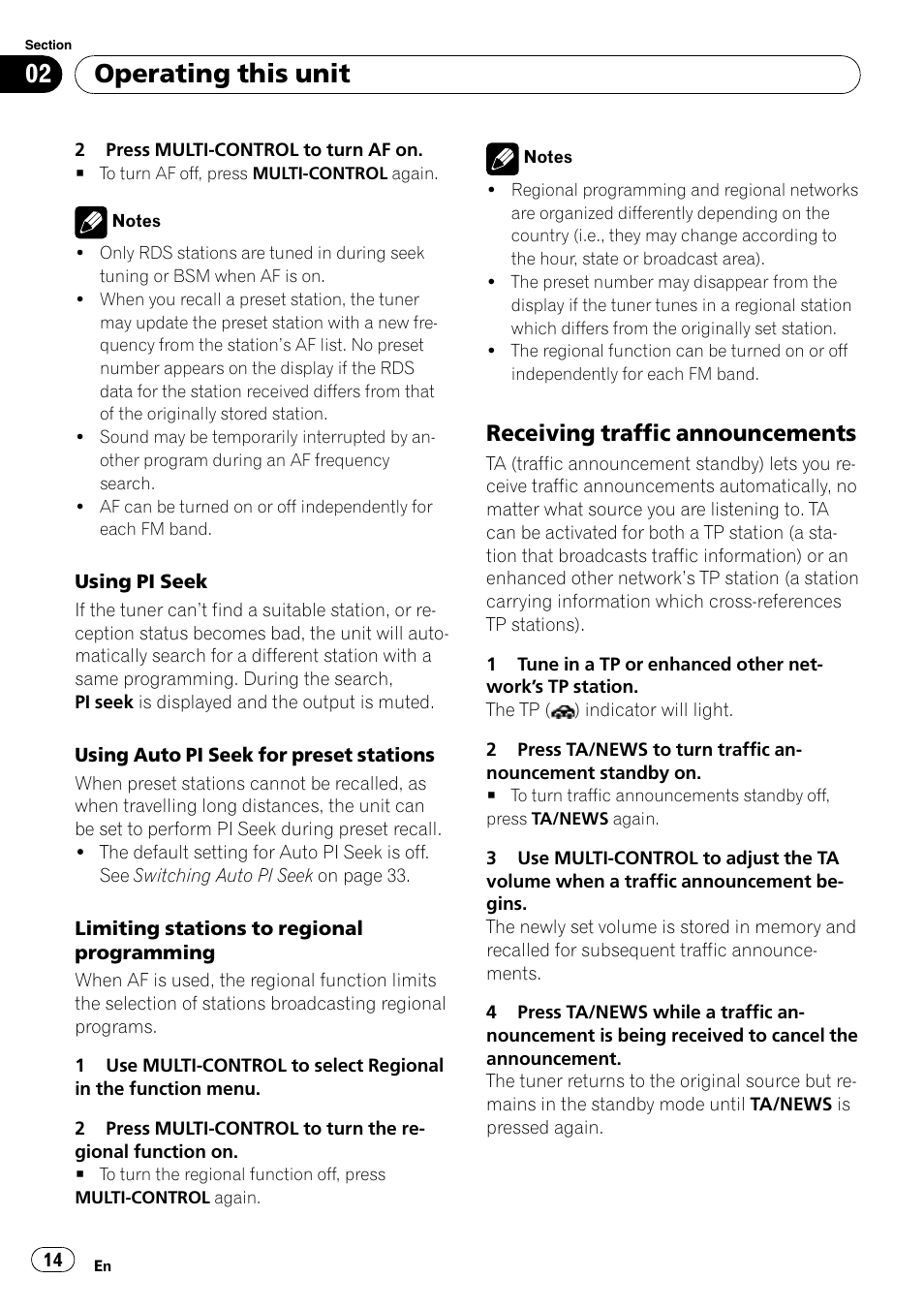 Receiving traffic announcements 14, Operating this unit, Receiving traffic announcements | Pioneer DEH-P7900UB User Manual | Page 14 / 142