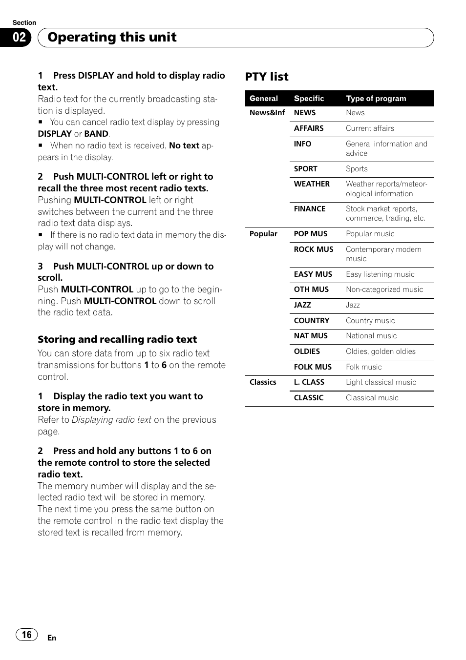 Pty list 16, Operating this unit, Pty list | Pioneer DEH-P7900UB User Manual | Page 16 / 142