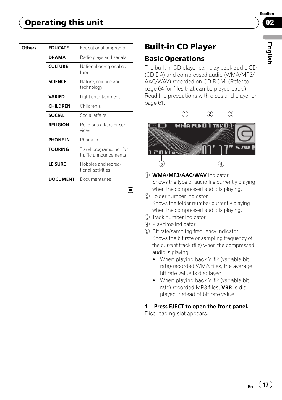 Built-in cd player, Basic operations 17, Operating this unit | Basic operations | Pioneer DEH-P7900UB User Manual | Page 17 / 142