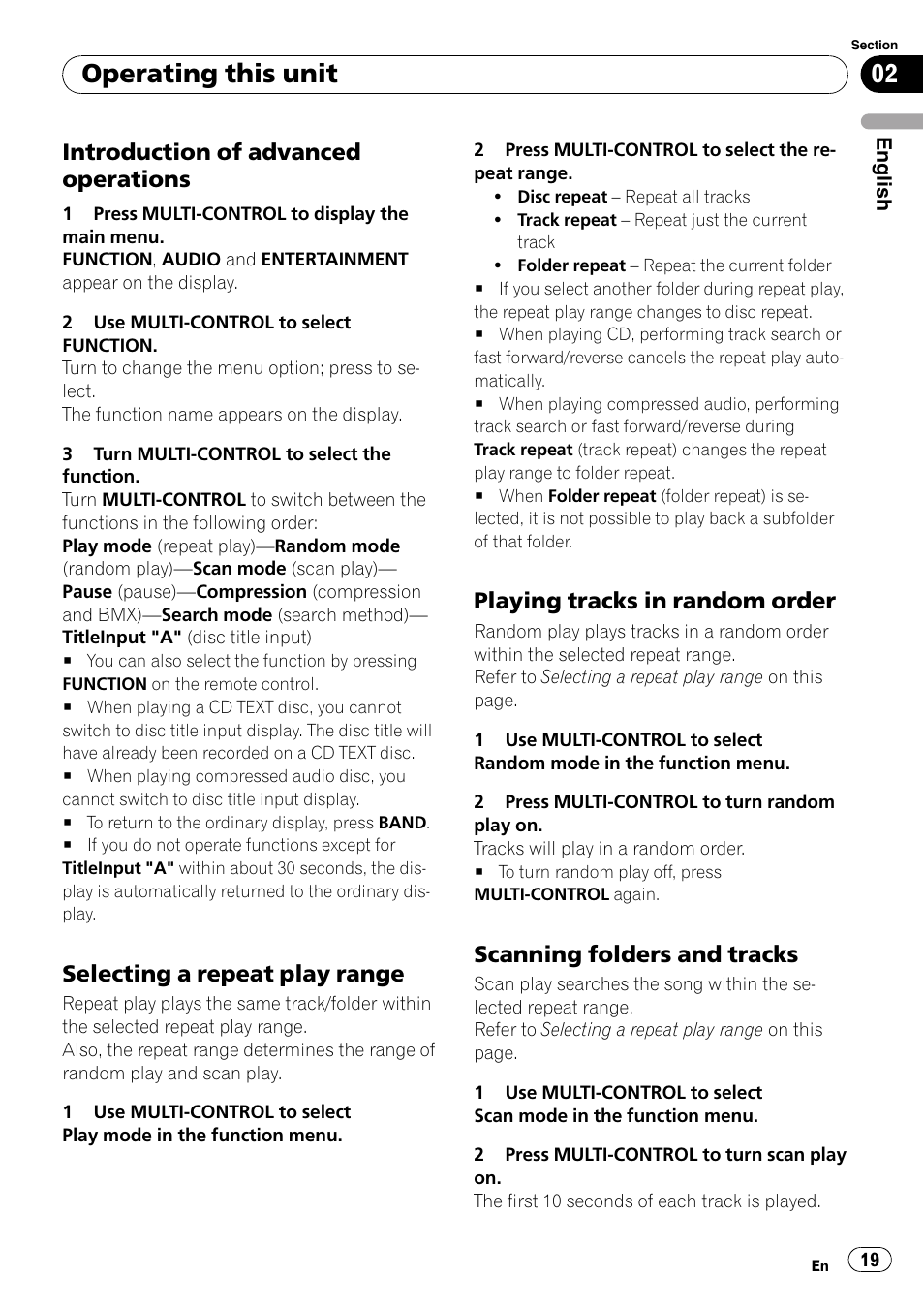 Introduction of advanced, Operations, Selecting a repeat play range 19 | Playing tracks in random order 19, Scanning folders and tracks 19, Operating this unit, Introduction of advanced operations, Selecting a repeat play range, Playing tracks in random order, Scanning folders and tracks | Pioneer DEH-P7900UB User Manual | Page 19 / 142