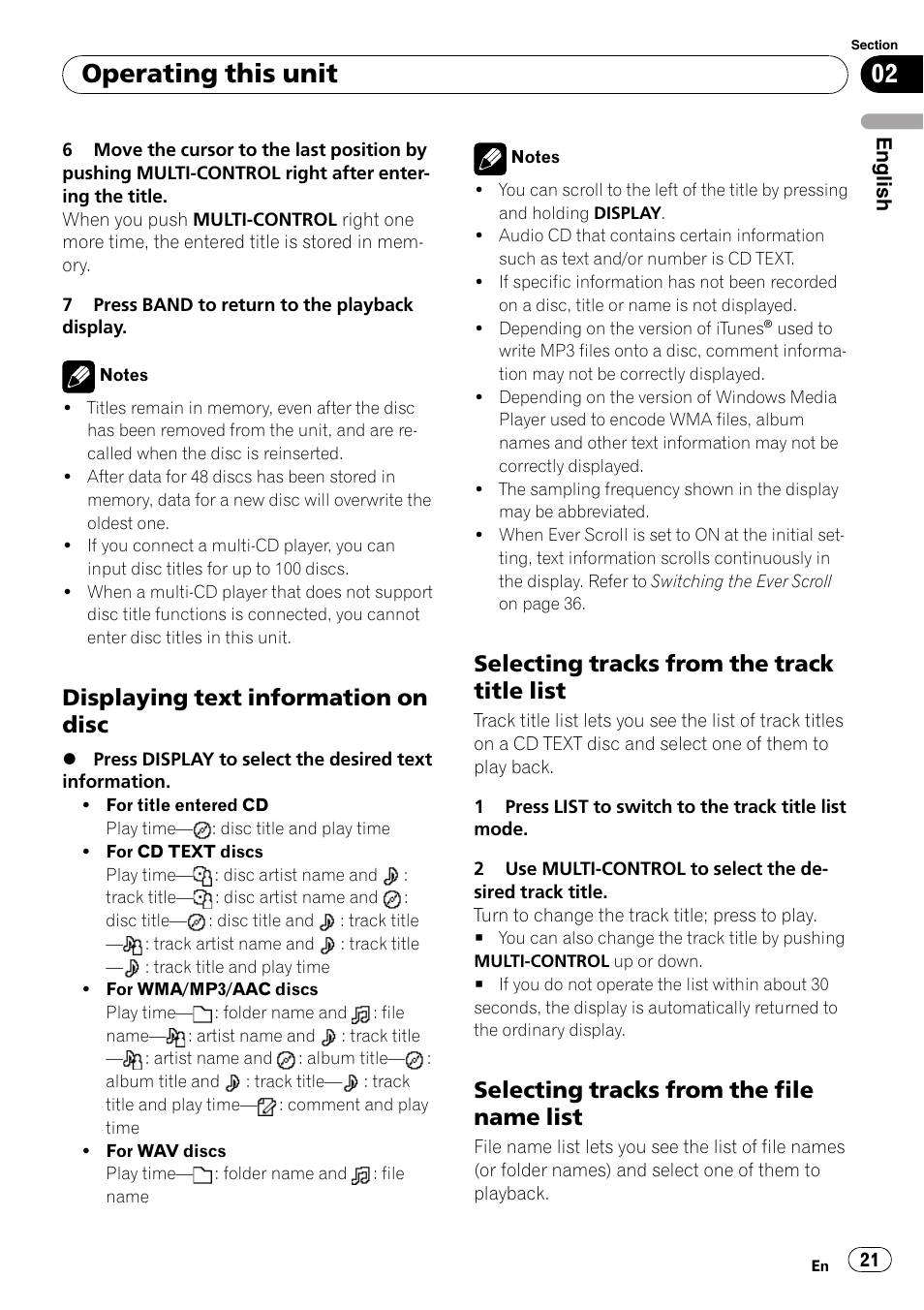 Displaying text information on disc 21, Selecting tracks from the track title, List | Selecting tracks from the file name, Operating this unit, Displaying text information on disc, Selecting tracks from the track title list, Selecting tracks from the file name list | Pioneer DEH-P7900UB User Manual | Page 21 / 142