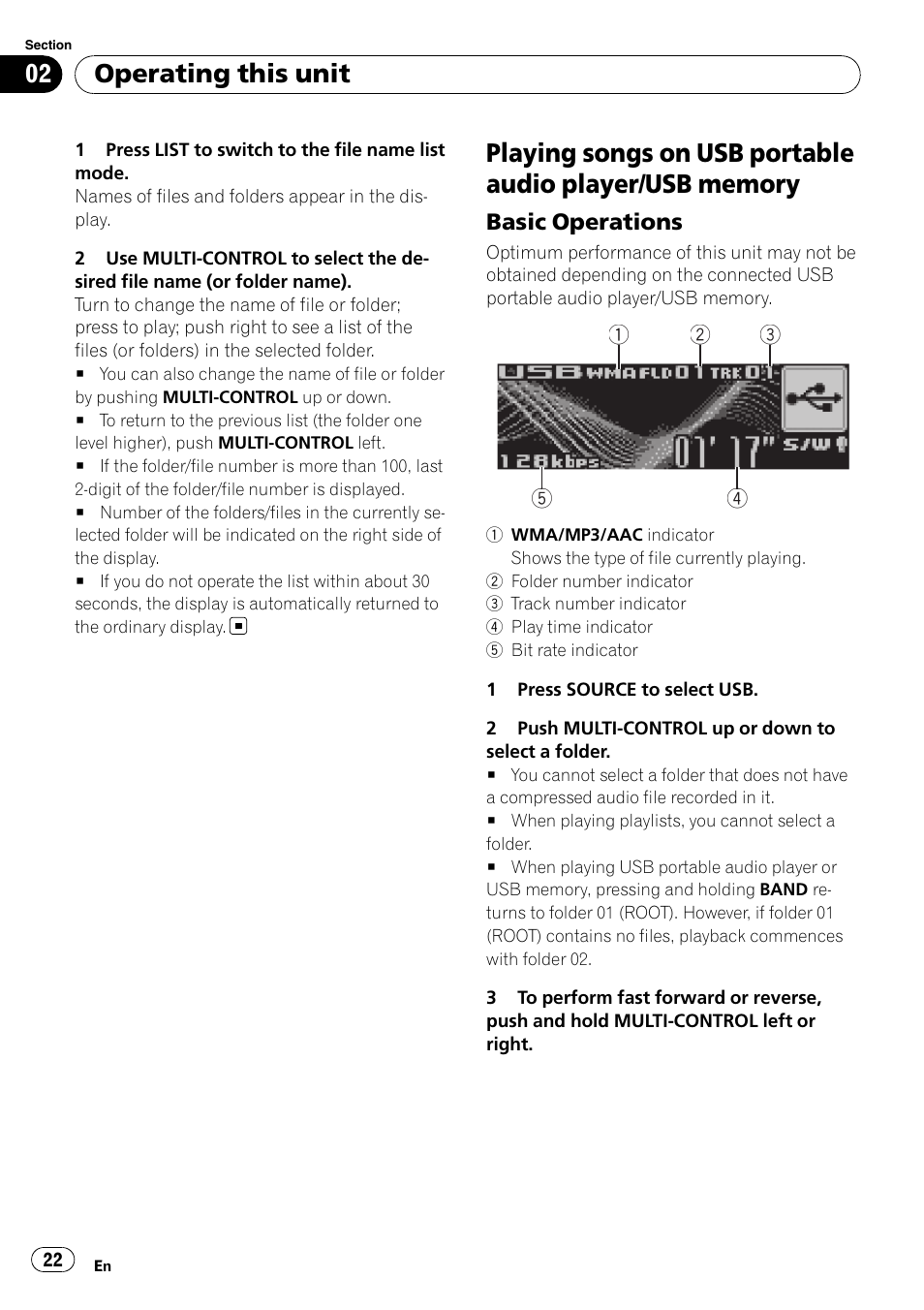 Playing songs on usb portable audio player, Usb memory, Basic operations 22 | Operating this unit | Pioneer DEH-P7900UB User Manual | Page 22 / 142