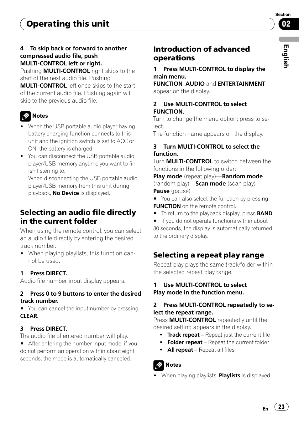 Selecting an audio file directly in the, Current folder, Introduction of advanced | Operations, Selecting a repeat play range 23, Operating this unit, Introduction of advanced operations, Selecting a repeat play range | Pioneer DEH-P7900UB User Manual | Page 23 / 142