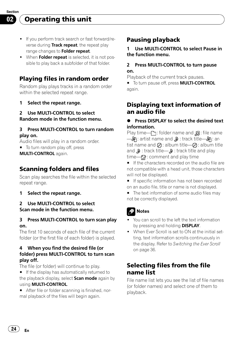 Playing files in random order 24, Scanning folders and files 24, Pausing playback 24 | Displaying text information of an audio, File, Selecting files from the file name, List, Operating this unit, Playing files in random order, Scanning folders and files | Pioneer DEH-P7900UB User Manual | Page 24 / 142