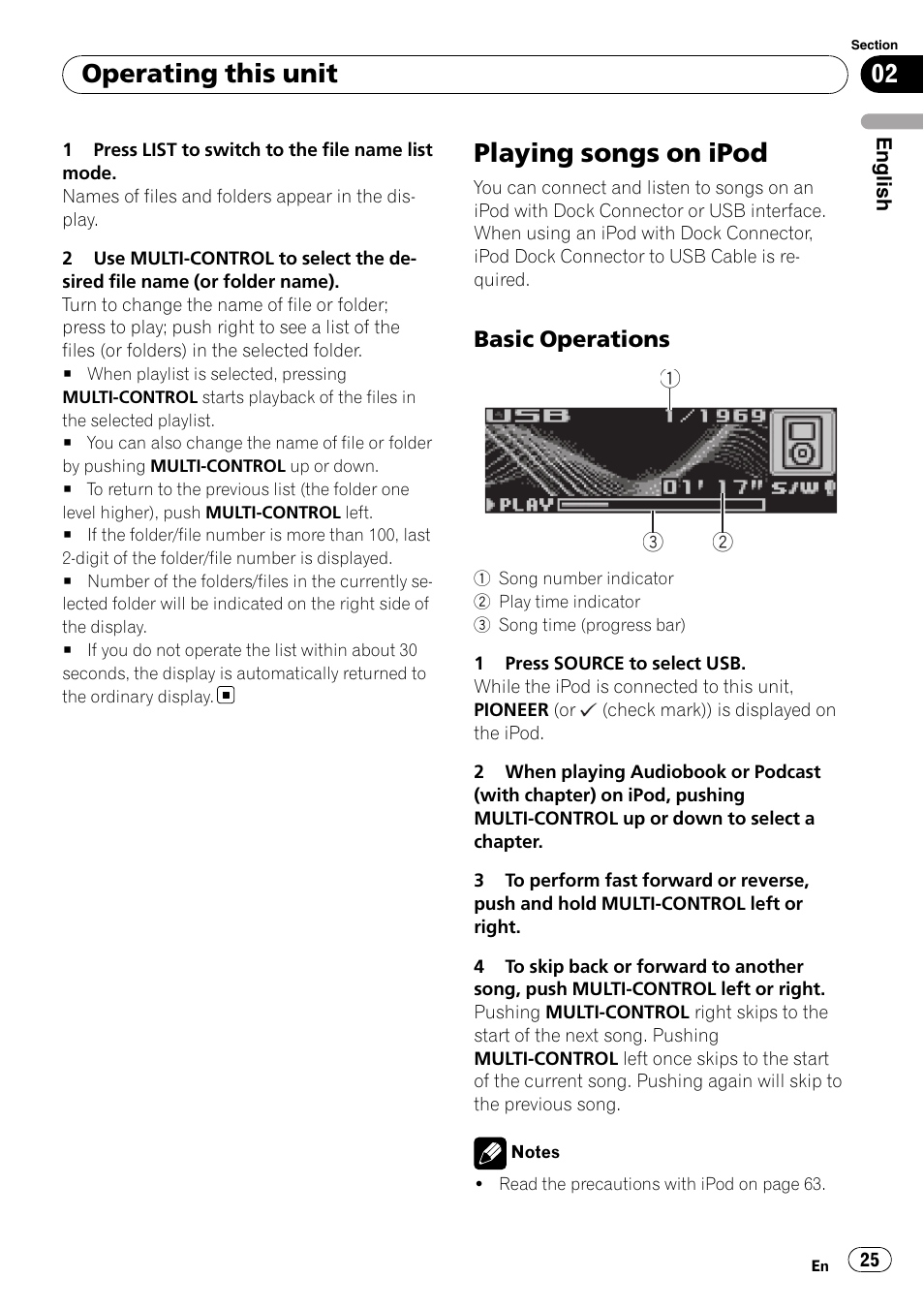 Playing songs on ipod, Basic operations 25, Operating this unit | Pioneer DEH-P7900UB User Manual | Page 25 / 142