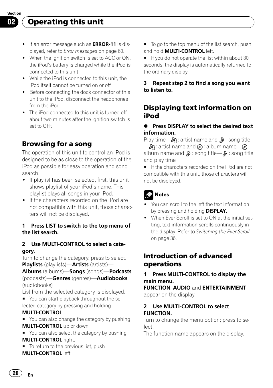 Browsing for a song 26, Displaying text information on, Ipod | Introduction of advanced, Operations, Operating this unit, Browsing for a song, Displaying text information on ipod, Introduction of advanced operations | Pioneer DEH-P7900UB User Manual | Page 26 / 142