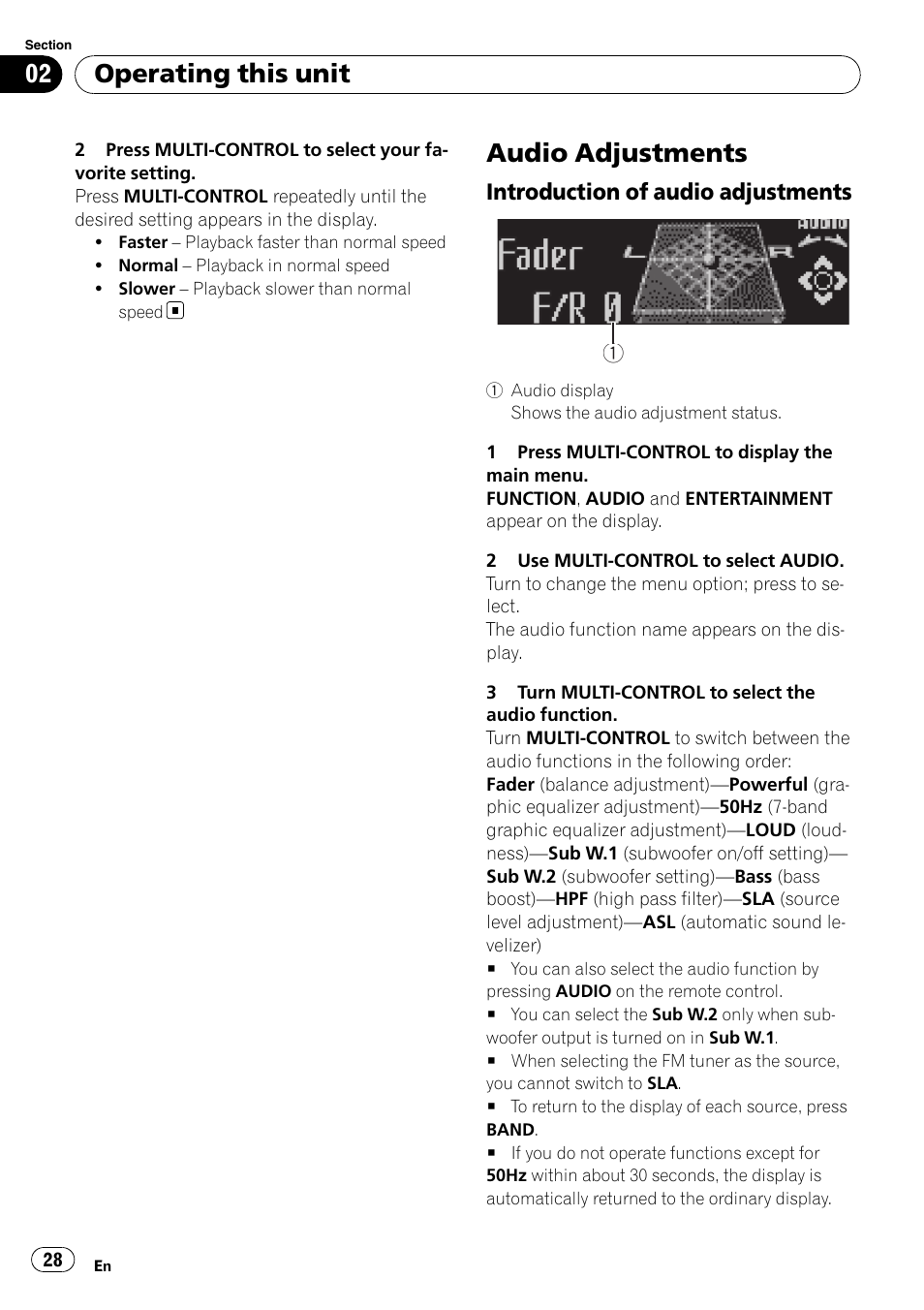 Audio adjustments, Introduction of audio adjustments 28, Operating this unit | Introduction of audio adjustments | Pioneer DEH-P7900UB User Manual | Page 28 / 142