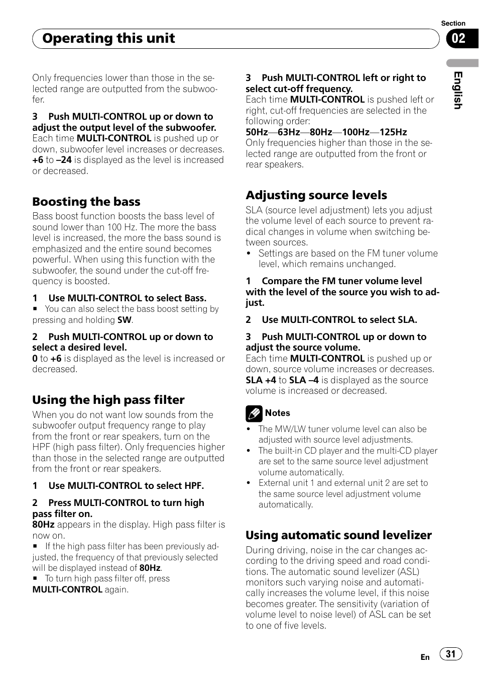 Boosting the bass 31, Using the high pass filter 31, Adjusting source levels 31 | Using automatic sound levelizer 31, Operating this unit, Boosting the bass, Using the high pass filter, Adjusting source levels, Using automatic sound levelizer | Pioneer DEH-P7900UB User Manual | Page 31 / 142