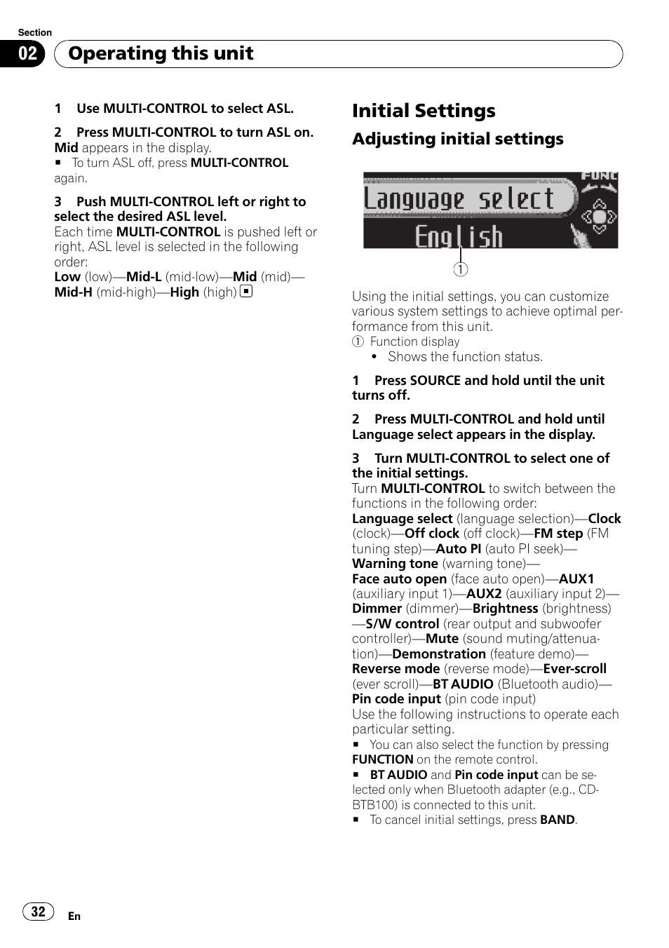 Initial settings, Adjusting initial settings 32, Operating this unit | Adjusting initial settings | Pioneer DEH-P7900UB User Manual | Page 32 / 142