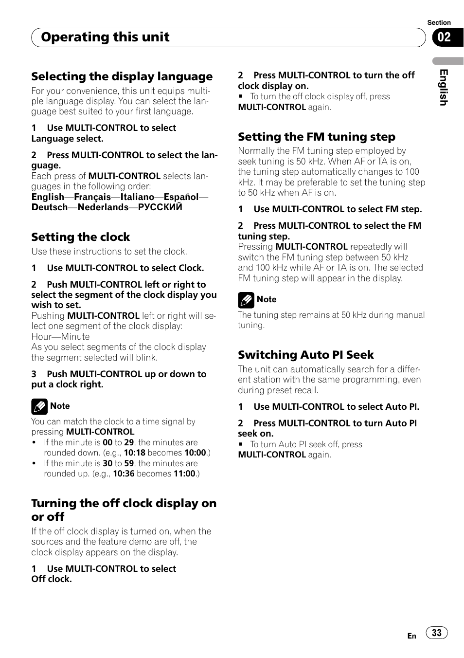 Selecting the display language 33, Setting the clock 33, Turning the off clock display on or | Setting the fm tuning step 33, Switching auto pi seek 33, Operating this unit, Selecting the display language, Setting the clock, Turning the off clock display on or off, Setting the fm tuning step | Pioneer DEH-P7900UB User Manual | Page 33 / 142