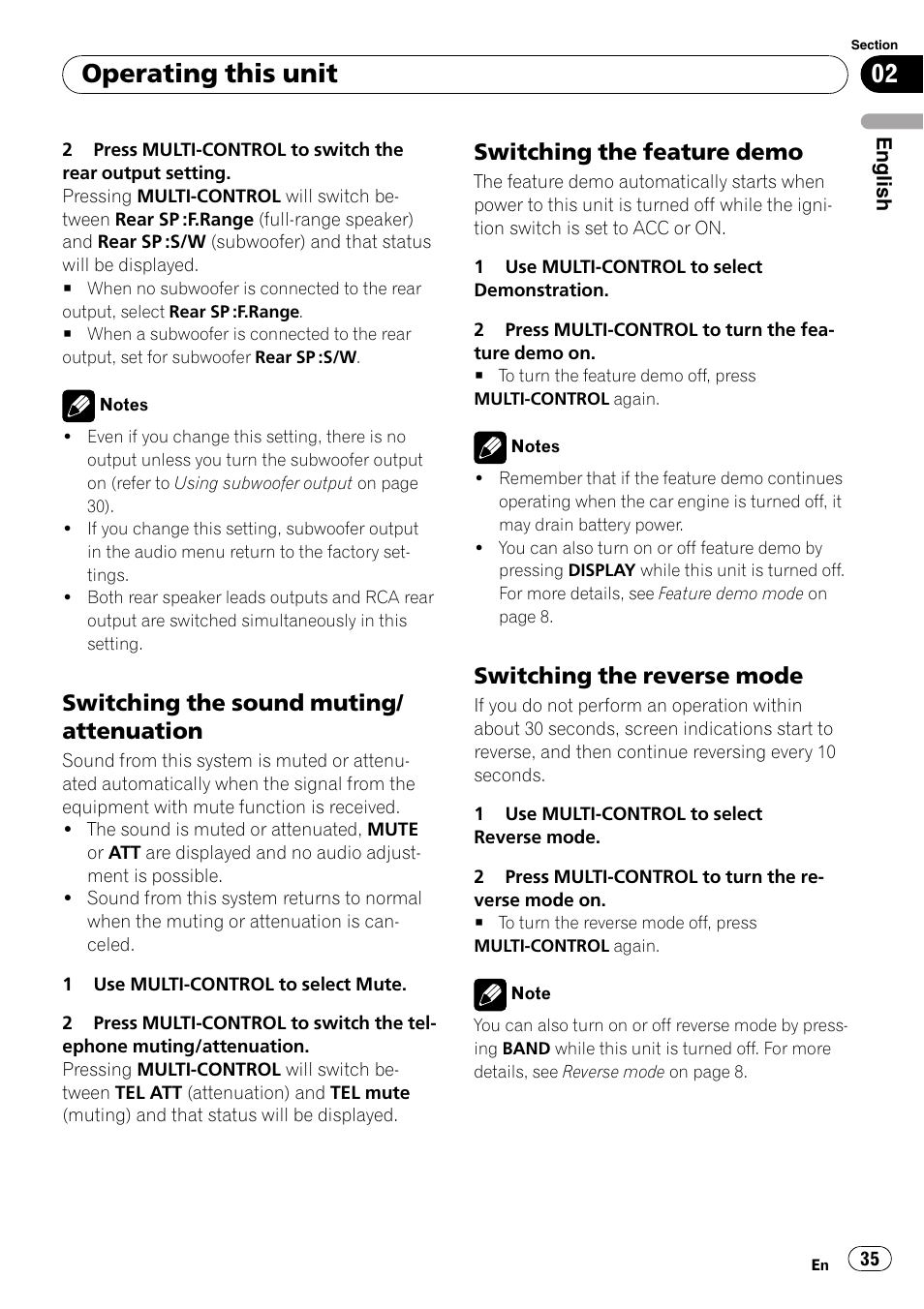 Switching the sound muting, Attenuation, Switching the feature demo 35 | Switching the reverse mode 35, Operating this unit, Switching the sound muting/ attenuation, Switching the feature demo, Switching the reverse mode | Pioneer DEH-P7900UB User Manual | Page 35 / 142