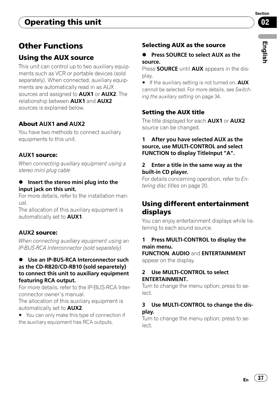 Other functions, Using the aux source 37, Using different entertainment | Displays, Operating this unit, Using the aux source, Using different entertainment displays | Pioneer DEH-P7900UB User Manual | Page 37 / 142