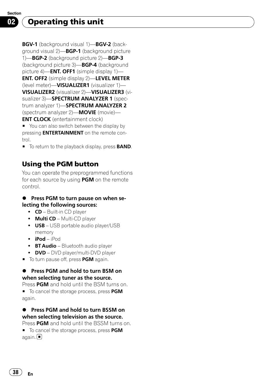 Using the pgm button 38, Operating this unit, Using the pgm button | Pioneer DEH-P7900UB User Manual | Page 38 / 142