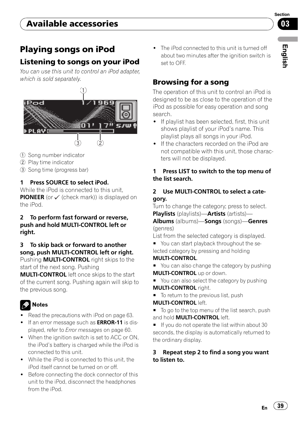 Available accessories playing songs on ipod, Listening to songs on your ipod 39, Browsing for a song 39 | Playing songs on ipod, Available accessories, Listening to songs on your ipod, Browsing for a song | Pioneer DEH-P7900UB User Manual | Page 39 / 142